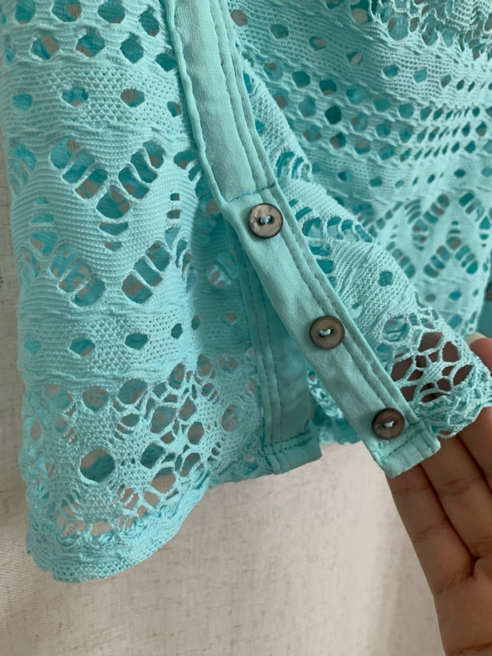 Robin Piccone Y2K Aqua Crochet Eyelet Halter Tankini Top Tie Back Medium - Picture 3 of 6